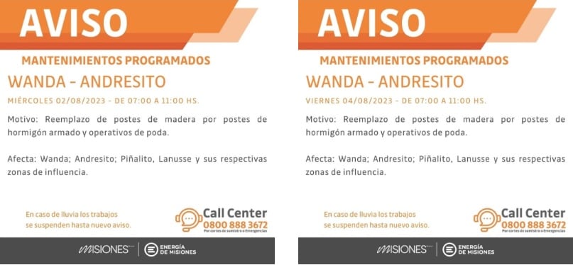 Cortes programados de luz para las localidades de Comandante Andresito y Wanda.