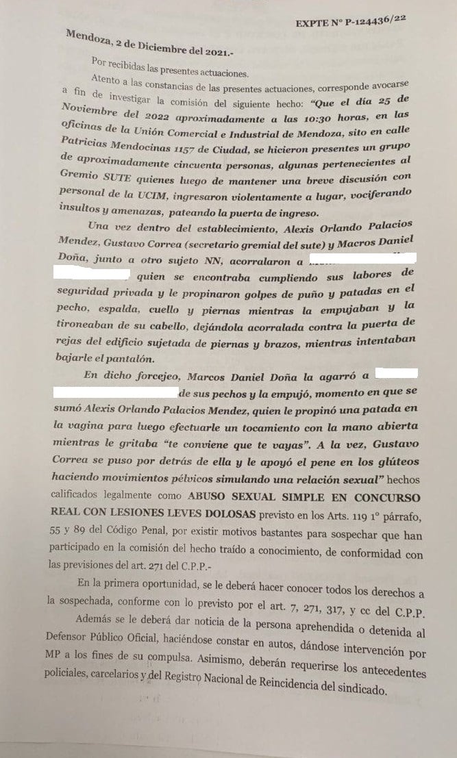 Denuncia de la agente de seguridad a gremialistas que abusaron sexualmente de ella.