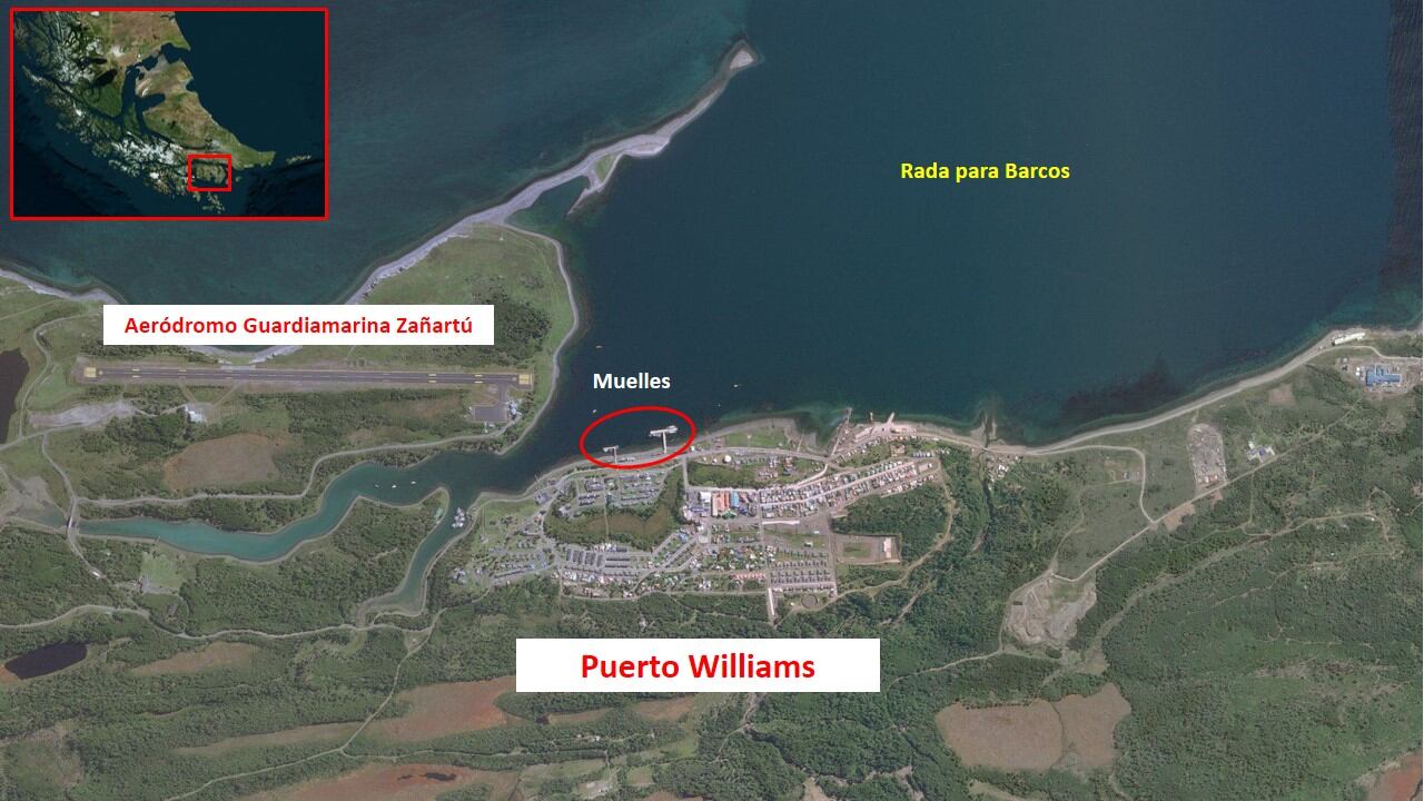 El aeródromo tiene una pista de 1440 metros, casi similar a la extensión del poblado de Puerto Williams. En la zona portuaria se puede ver tanques de combustible y gas que abastecen a los buques del muelle.