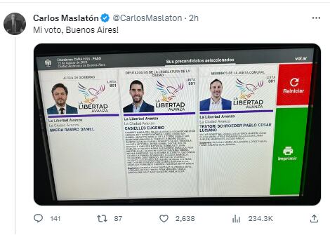 Con una inesperada selfie, Carlos Maslatón reveló a quién votó en Ciudad de Buenos Aires.