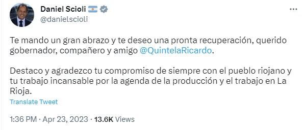 Scioli le dedicó un mensaje a Ricardo Quintela tras su internación.