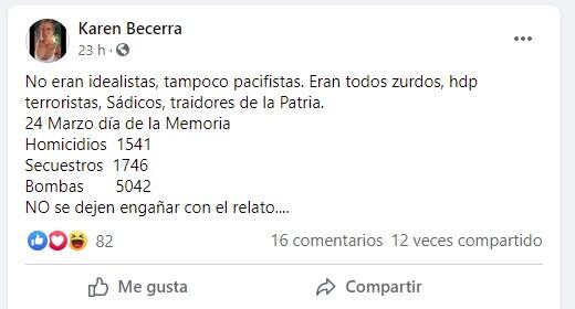 El posteo de Karen Becerra, la "reina soldado" contra los desaparecidos en la dictadura - Facebook