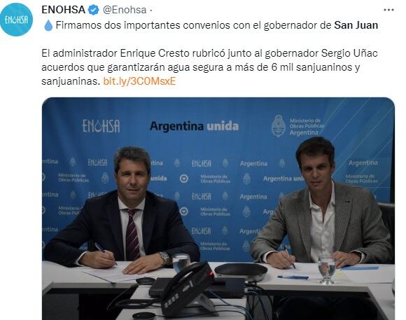 Convenio firmado ente el Gobierno de San Juan y Enohsa para obras de agua potable.