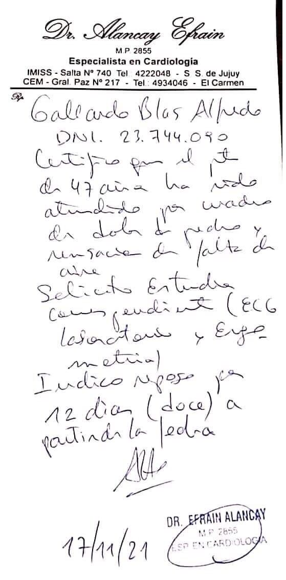 La prescripción médica que indicó reposo al intendente Gallardo por una afección de salud.