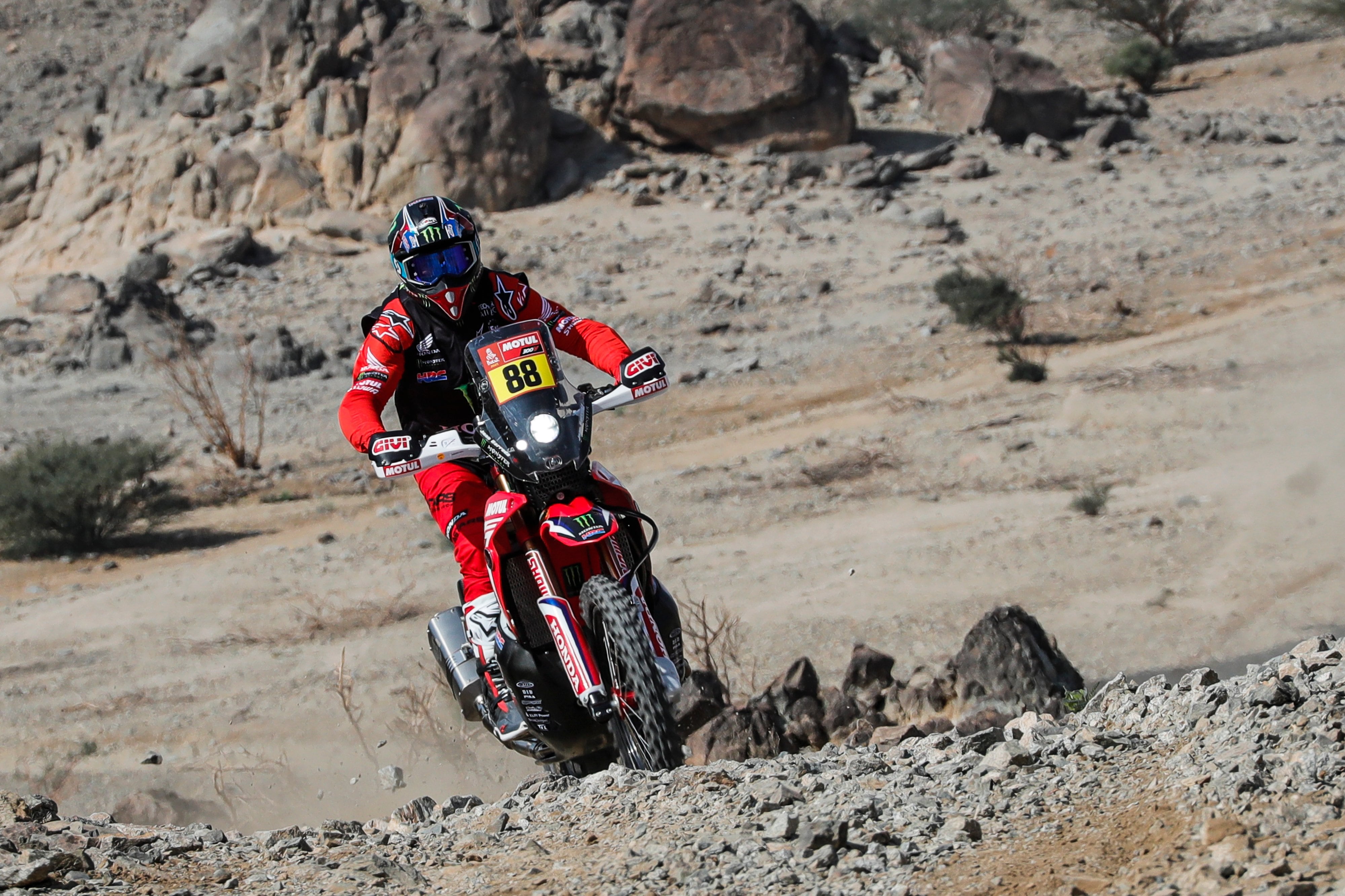 Joan Barreda y su Honda. El español, que nunca ha ganado el Dakar hasta hoy, ya acumula 27 victorias de etapa desde que participa en el legendario rally raid.