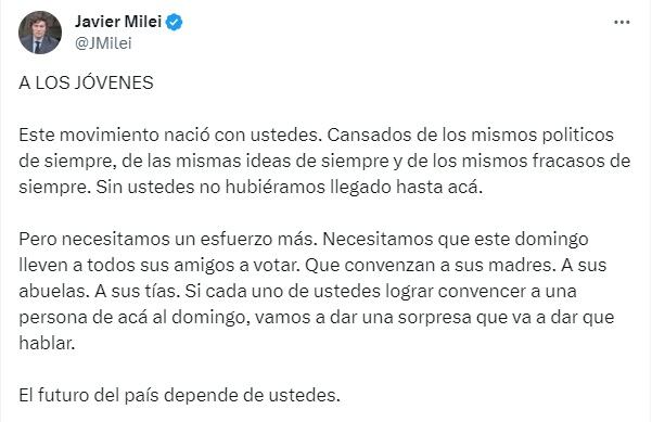 Uno de los mensajes de Milei.