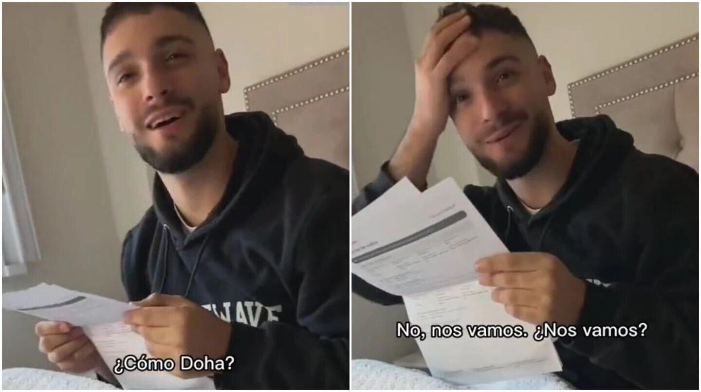 La reacción de Lucas al ver los pasajes a Doha, Qatar.