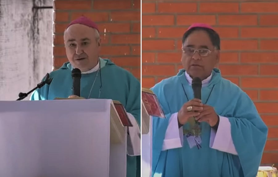 Los bispos de Jujuy, César Daniel Fernández, y de Humahuaca, Félix Paredes Cruz, pronunciando sus respectivos mensajes en la misa del domingo último.