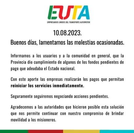 EUTA informó que levantarán el paro de colectivos en Misiones.