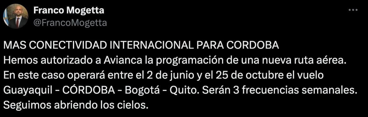 Avianca llega a Córdoba con una nueva ruta, según informó Franco Mogetta.