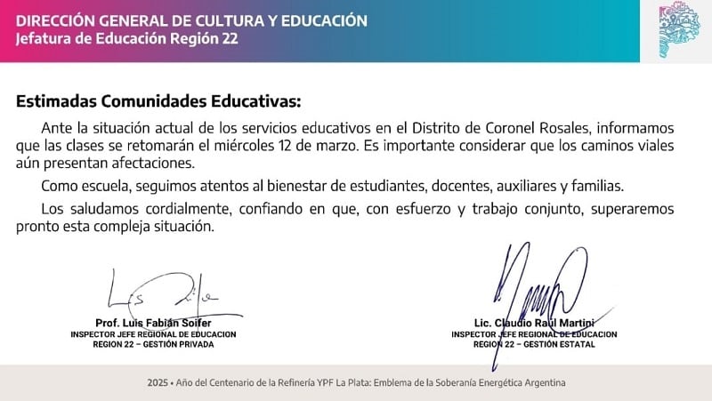 Las clases vuelvan a la normalidad en Coronel Rosales el miércoles 12 de marzo.