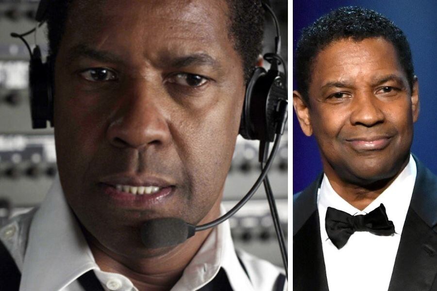 Denzel Washington en "El Vuelo" y en la actualidad.