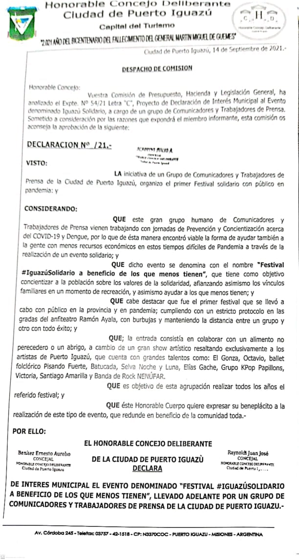 El Festival “Iguazú Solidario” se declaró de interés municipal.