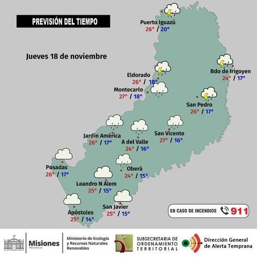 Jornada de jueves con tiempo estable y cielo parcialmente nublado en Misiones.