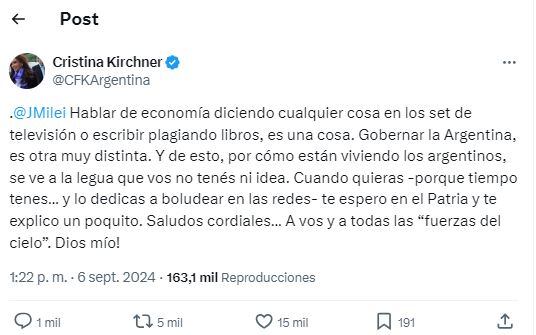 El fuerte cruce entre Javier Milei y Cristina Kirchner en Twitter: insultos, chicanas y un posible cara a cara