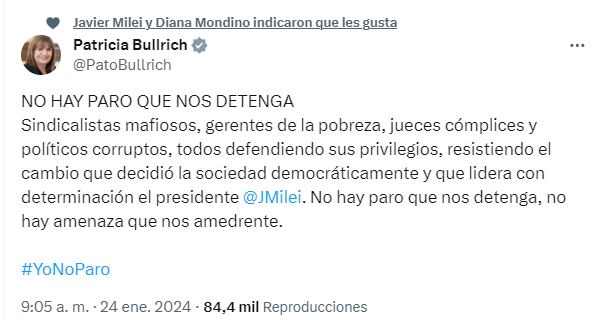 El mensaje de Patricia Bullrich en sus redes sociales.