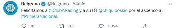 Belgrano y la felicitación, para Racing y para el DT Carlos Bossio, exarquero del Pirata.