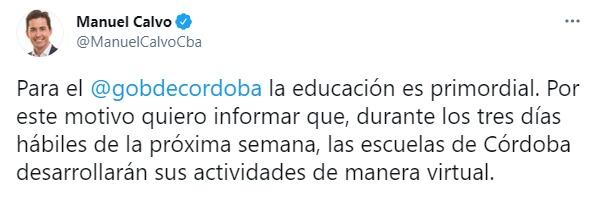 El vicegobernador a cargo del Ejecutivo aseguró que habrá clases virtuales en Córdoba del 26 al 28 de mayo.