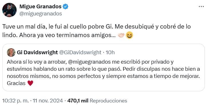 Gisselle le agradeció las disculpas al actor.