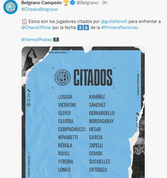 El plantel de Belgrano para este lunes ante Chaca, sin el suspendido Pablo Vegetti.