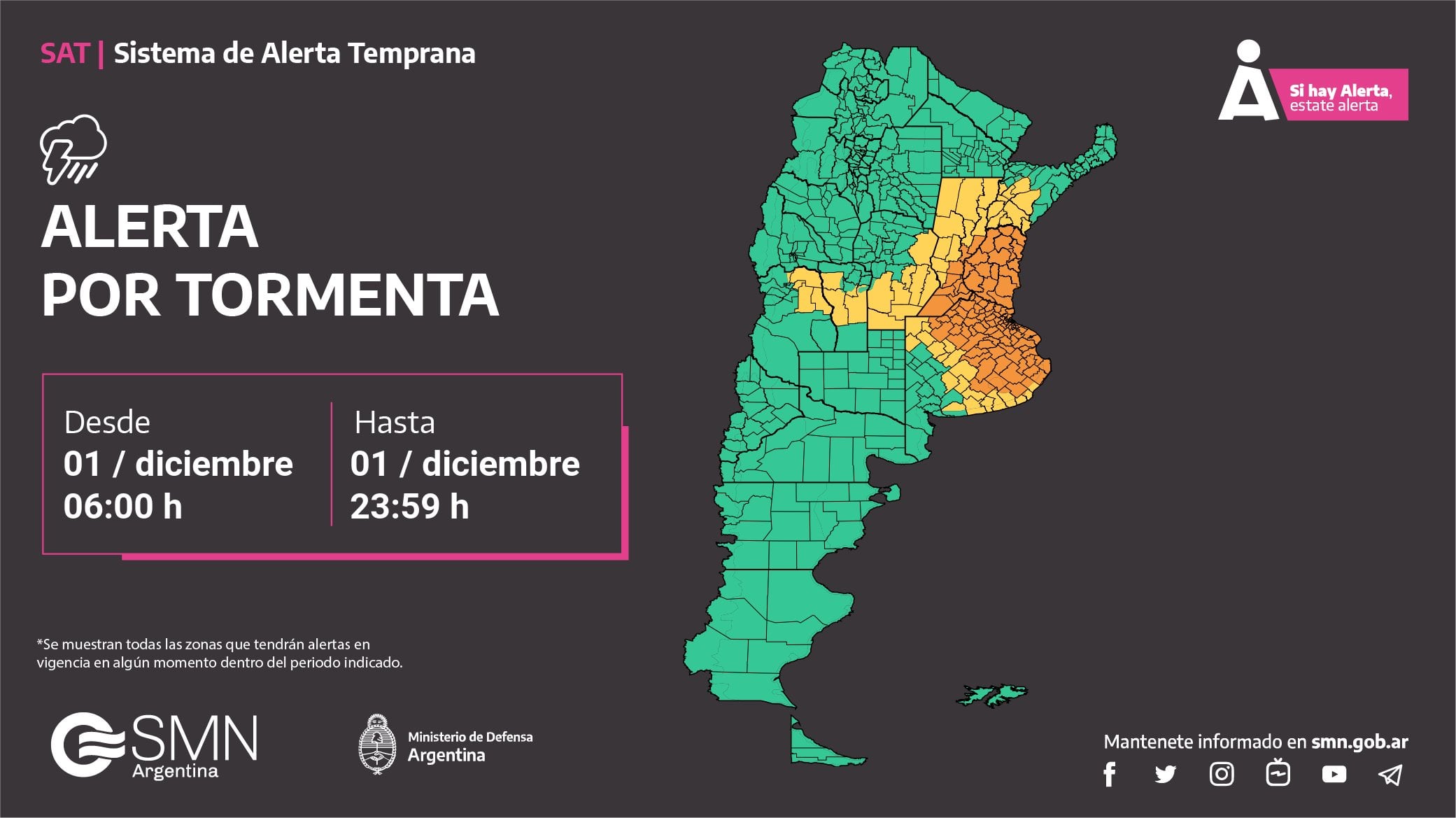 Alerta amarilla por tormentas para este viernes 1 de diciembre.