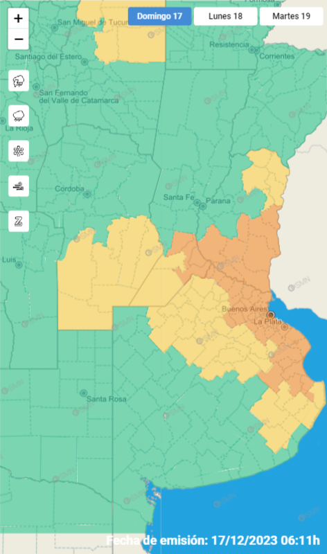 Córdoba. Alerta amarilla por tormentas para este domingo 17 de diciembre. (SMN)