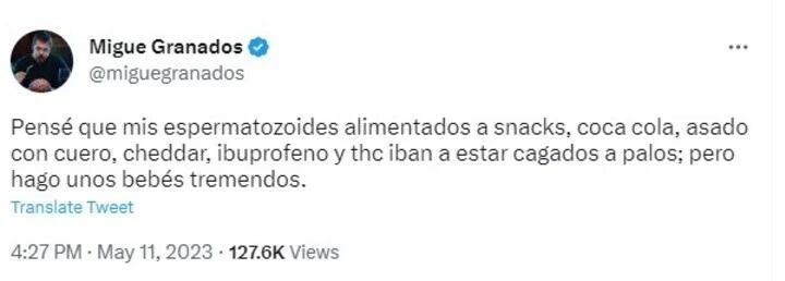 Tweet de Migue Granados hablando de su nuevo hijo Benito