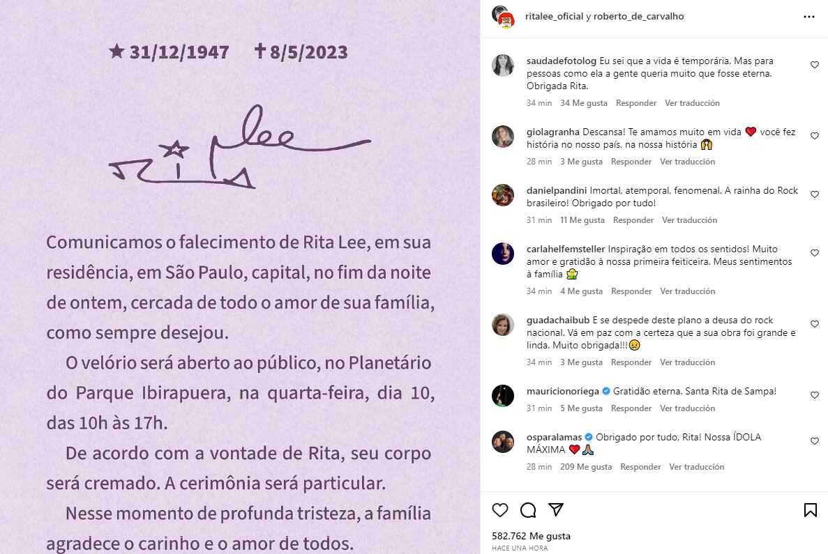 La muerte de la artista de 75 años se confirmó mediante un comunicado en redes sociales.