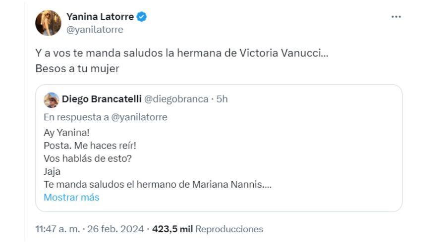 El cruce entre Yanina Latorre y Diego Brancatelli