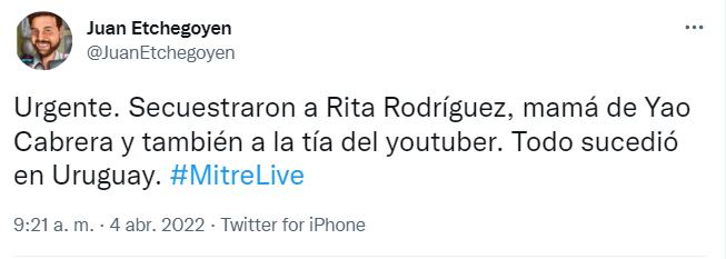 El mensaje del periodista sobre el secuestro de la mamá de Yao Cabrera.