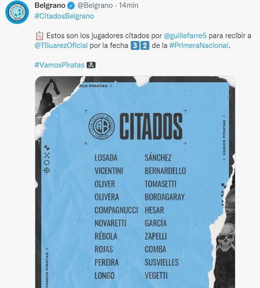 Belgrano presentaría dos cambios este domingo ante Tristán Suárez.