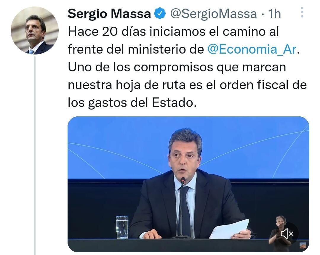 El tuit de Sergio Massa comunicando lo anunciado en el Boletín Oficial.