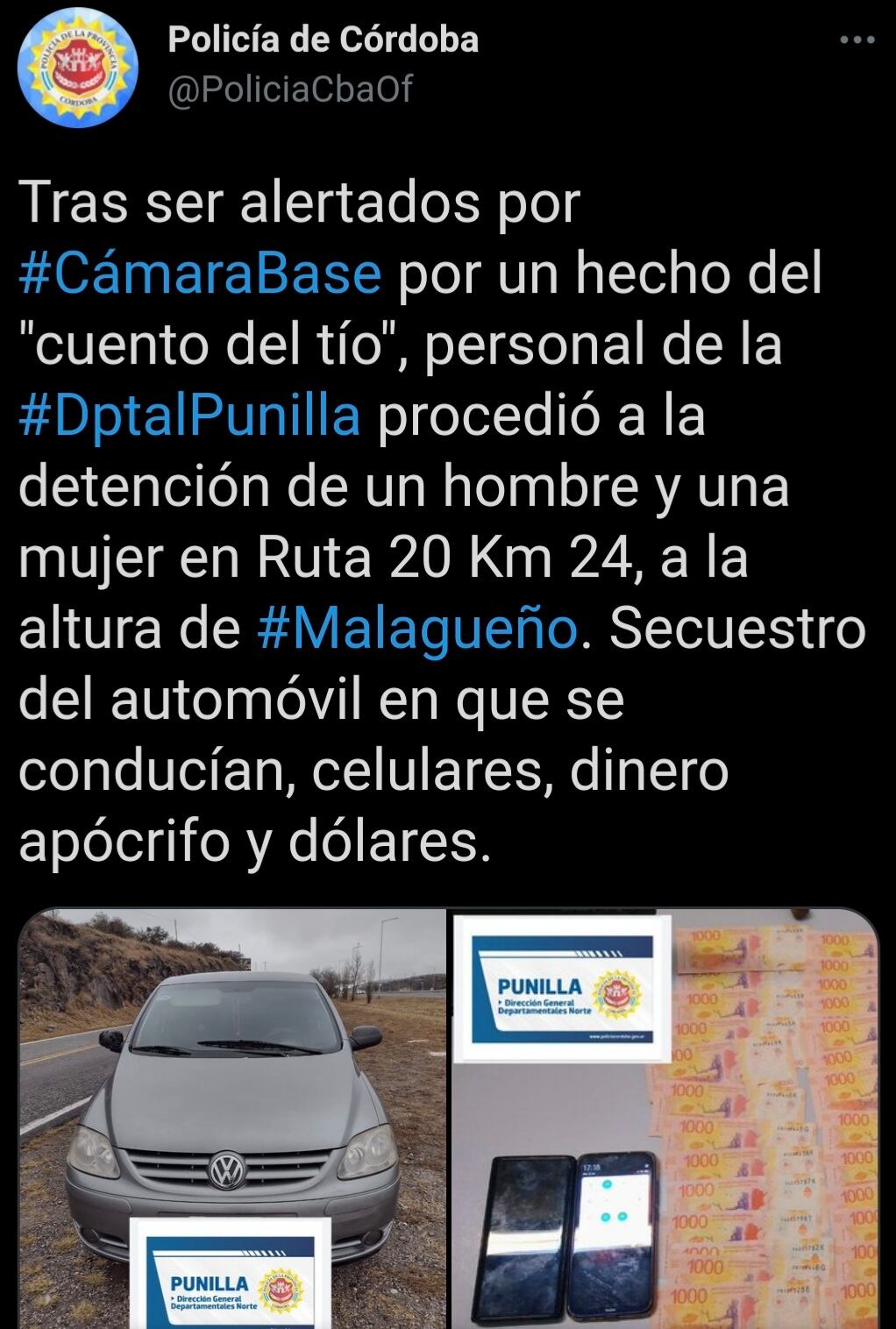 Pareja detenida a la altura de Malagueño.