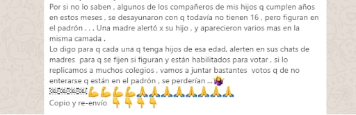 Una de las cadenas que circula en redes sociales advierte por casos de adolescentes menores de 16 años que aparecen en el padrón.