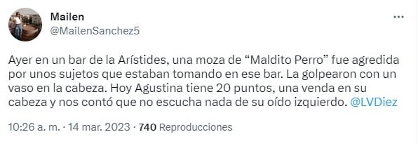 Una periodista de radio LVDiez contó a través de Twitter el estado de la moza agredida en la Arístides.