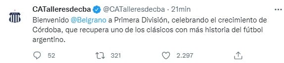 La felicitación de Talleres a Belgrano. Córdoba recupera al clásico en Primera.