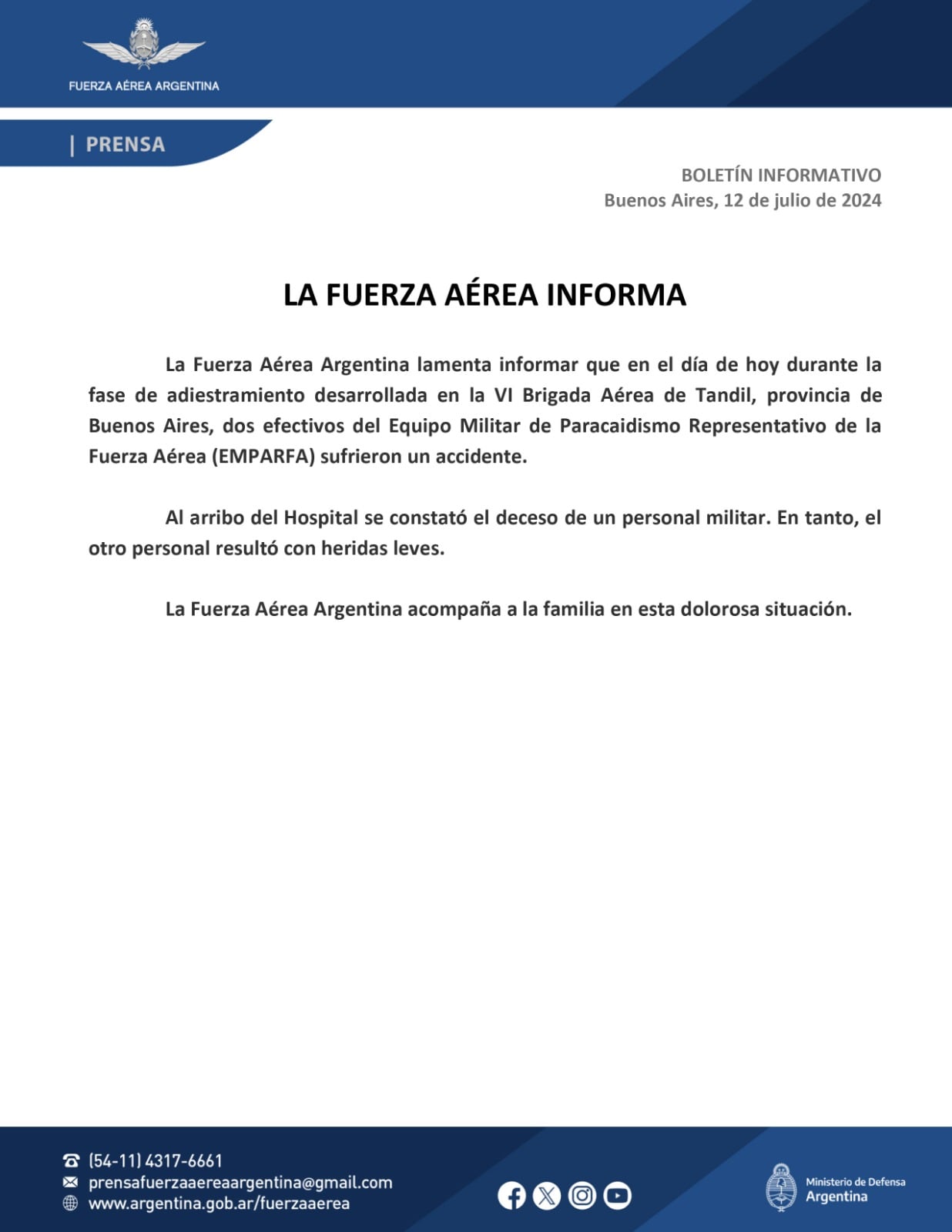 El comunicado de la Fuerza Aérea.