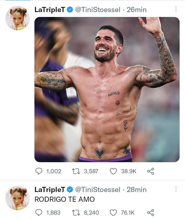 Tini Stoessel publicó una foto de Rodrigo De Paul para festejar el triunfo contra Australia