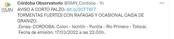 Alerta por caída de graniza y tormentas fuertes.