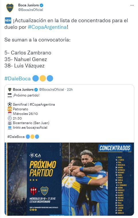 Convocados en Boca para la semi de Copa Argentina.