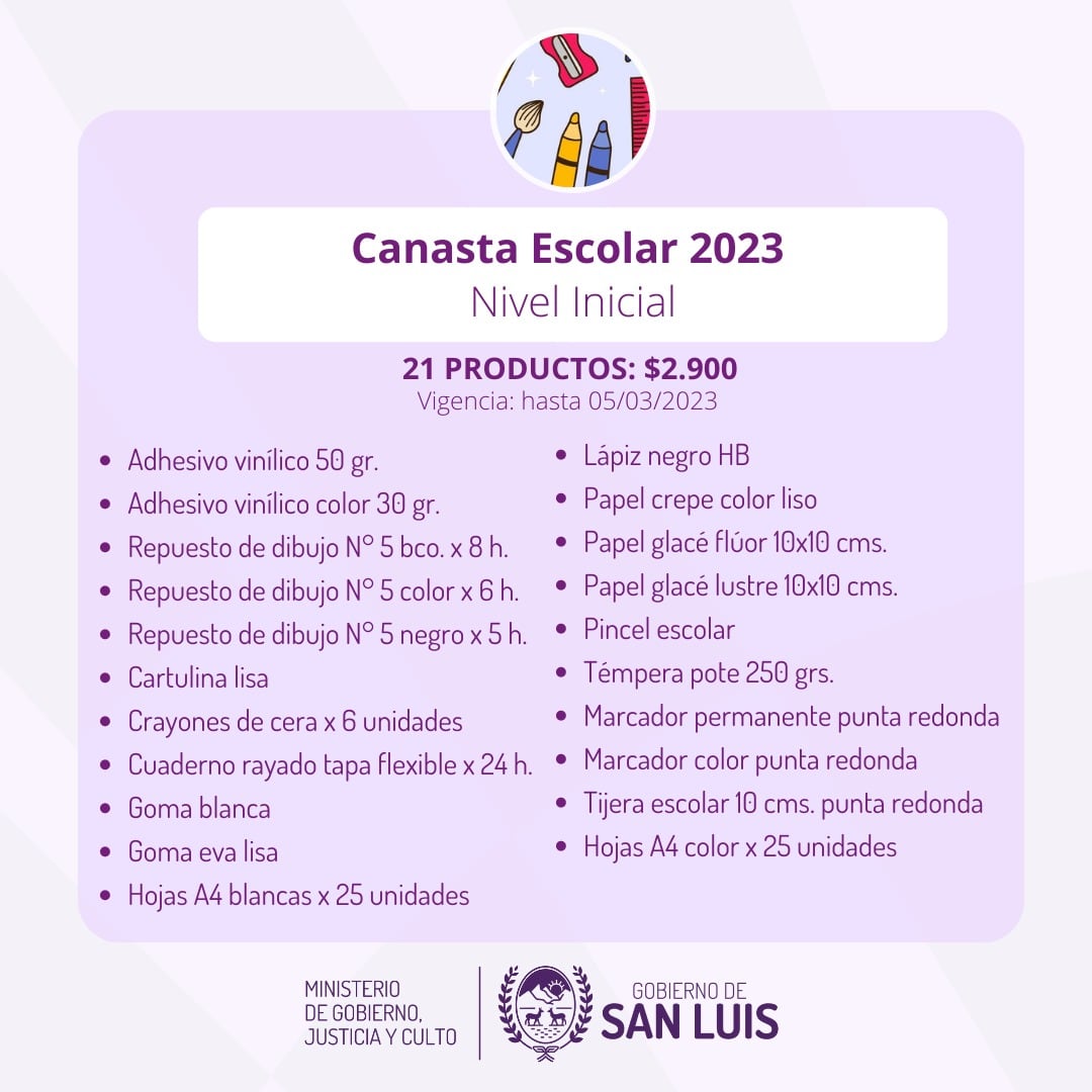 Productos de la Canasta Escolar a $2.900 en San Luis.