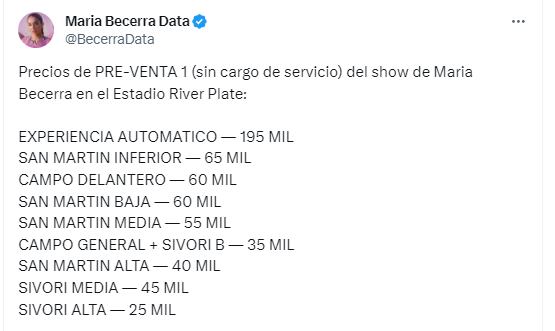 Precios de la preventa de la segunda fecha de María Becerra en River