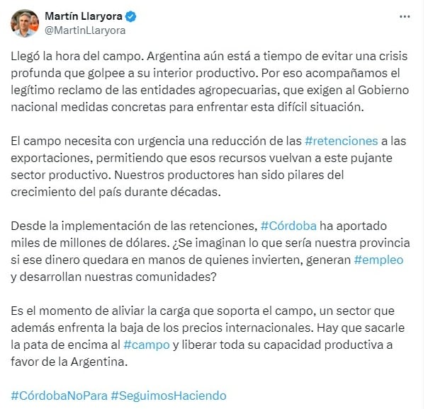 El mensaje de Llaryora en apoyo al campo por la quita de retenciones.