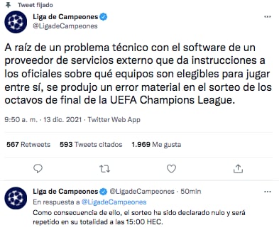 El comunicado de la Champions League tras el escándalo del sorteo de los octavos de final.