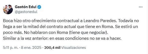 Según Edul: Leandro Paredes, lejos de Boca.