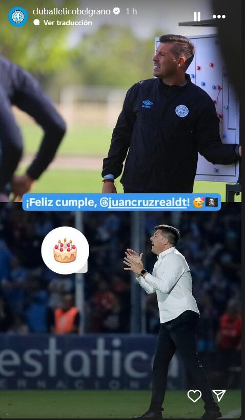 Captura de pantalla del Instagram de Belgrano saludando a Juan Cruz Real por su cumpleaños