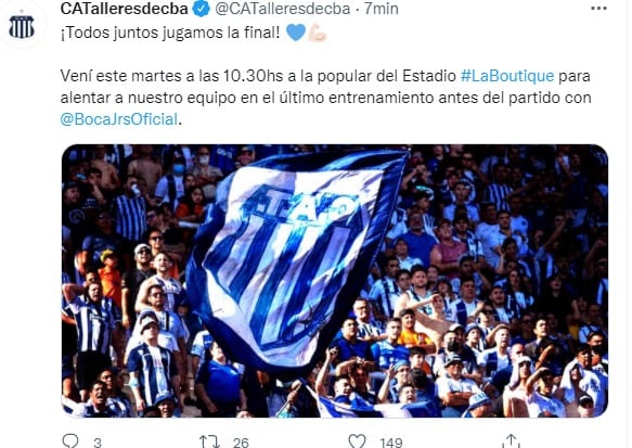 Los hinchas de Talleres podrán alentar al plantel desde la popular en la última práctica.