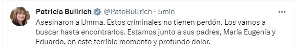 El tuit de Patricia Bullrich confirmando la muerte de la nena de 9 años.