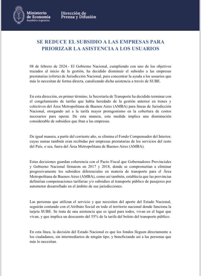 Comunicado oficial del Ministerio de Economía de la Nación.