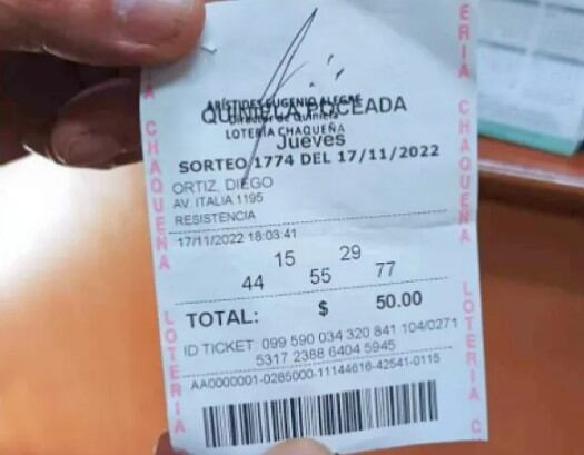 El ticket de la jugada del docente chaqueño.